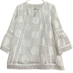 Chico’s Women White Polka Dot Lacey Bell Sleeves in Textured Fabric Blouse Sz-S